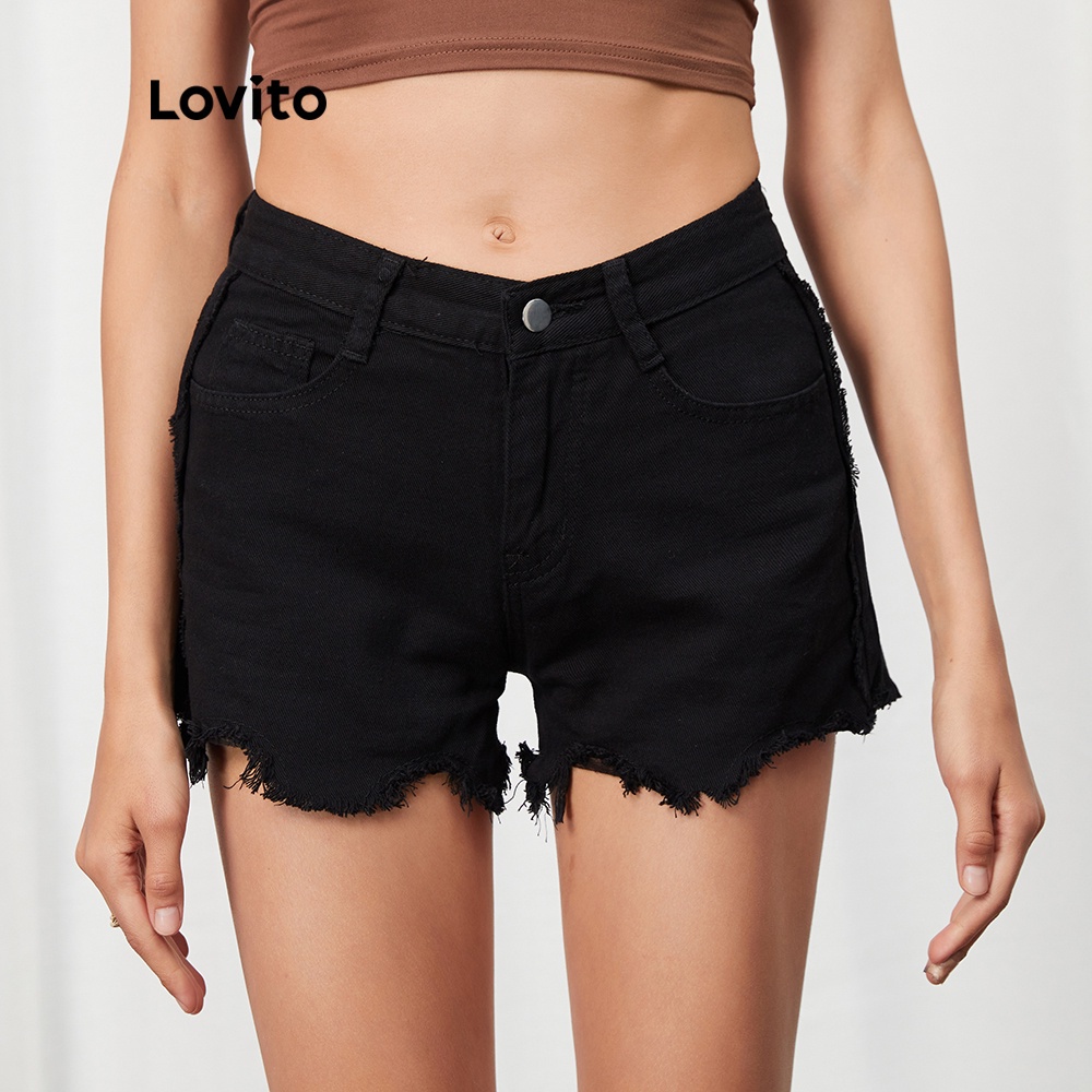  Quần short denim Lovito L07065 lưng cao màu đen | BigBuy360 - bigbuy360.vn