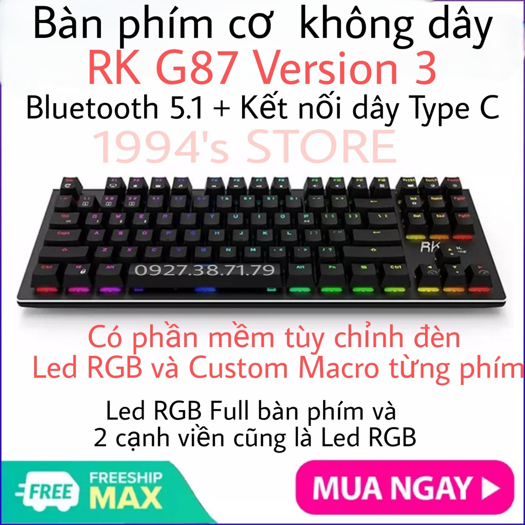 Royal Kludge RK987 Version 4 - Bàn Phím Cơ Không Dây RK987 Ver.4 Bluetooth 5.1 + Wireless 2.4G + Có dây Type C + Hotswap