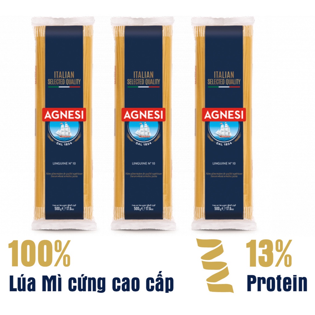 3 gói mì Ý Agnesi cọng dài linguine 500g, dùng lúa mì durum cao cấp giữ sốt, không gãy và dính