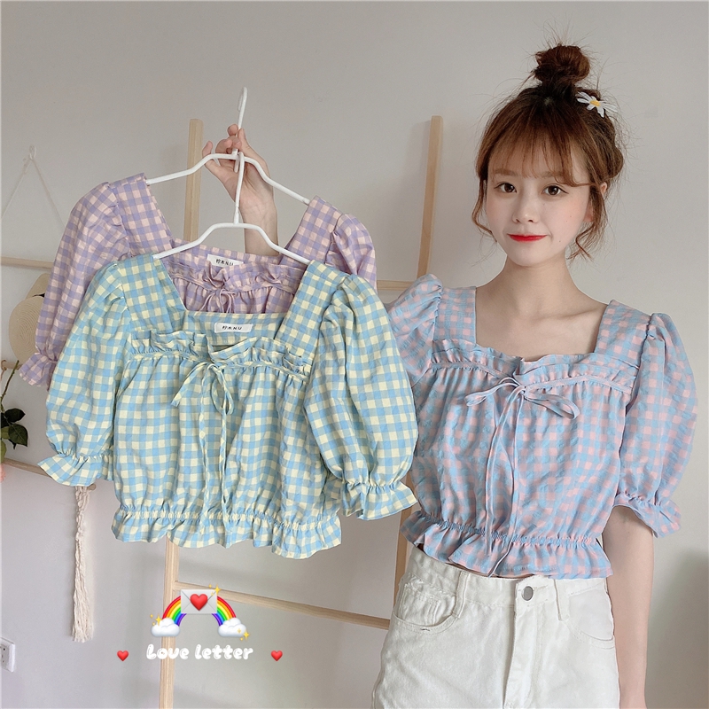Áo cổ vuông họa tiết caro duyên dáng dành cho nữ