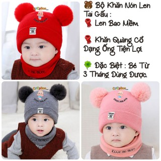 Bộ Khăn Nón Len Cho Bé Đính 2 Quả Bông Thêu Chữ Siêu Xinh !