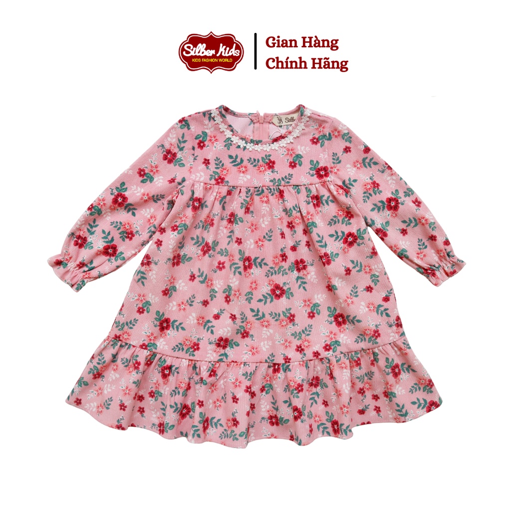 Váy Thu Đông Nhung Hoa Bé Gái 2-10 Tuổi Phối Ren Ngực, Bèo Gấu SILBER KIDS