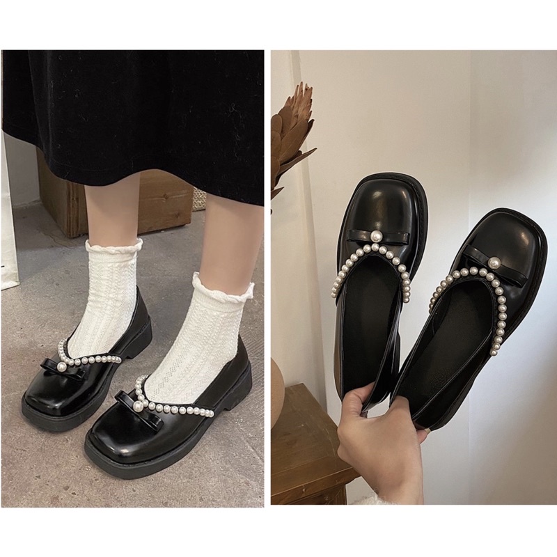Giày búp bê nữ đính ngọc mũi vuông, giày nữ tiểu thư lolita xinh xắn đế cao 3P