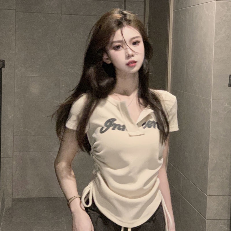 Fashion Style Short Sleeve T-shirt With Drawstring For Women
