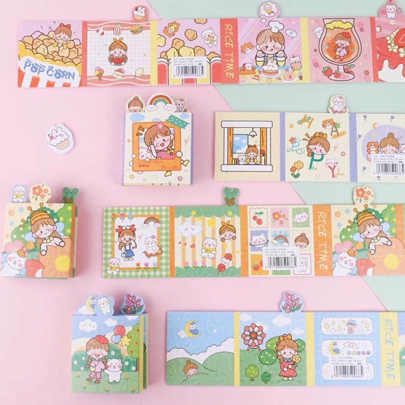 sổ giấy ghi chú notes dạng quyển gập mẫu mới cute bìa hoạ tiết bé gái 220 tờ đủ mẫu kích thước tiện lợi