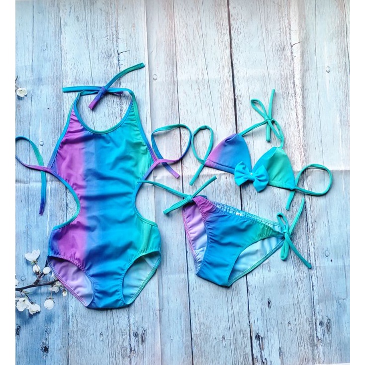 Đồ bơi bé gái 2 mảnh, 1 mảnh body ôm chất màu xanh nàng tiên cá