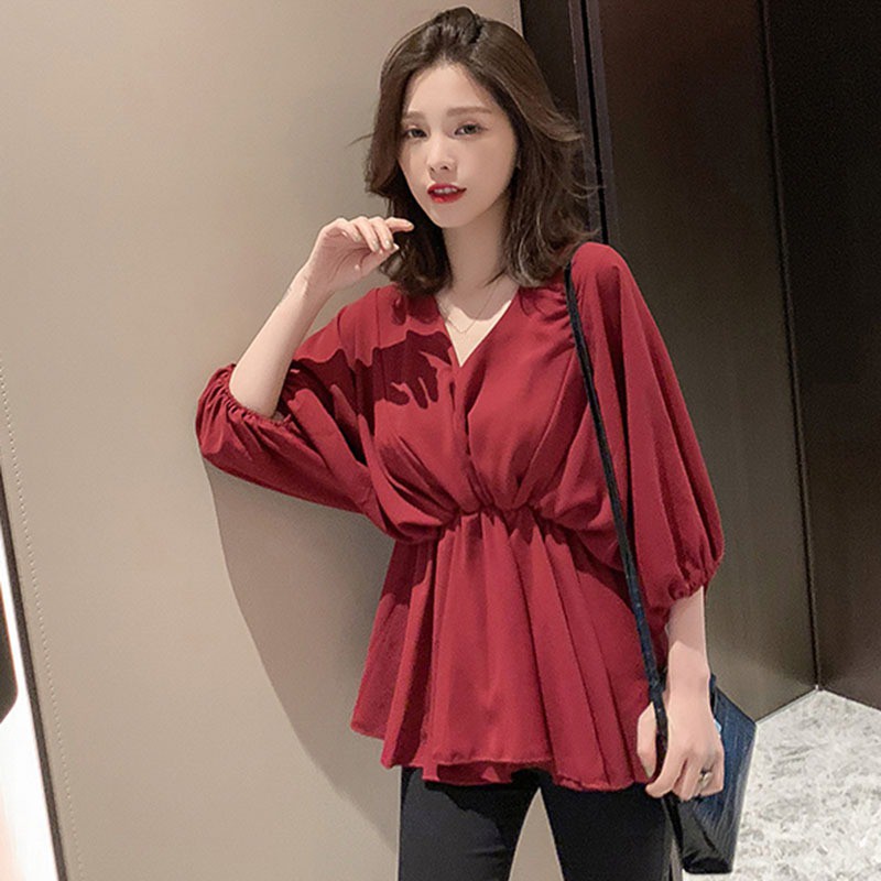 Áo kiểu tay lỡ cổ chữ V chất Chiffon màu trơn thanh lịch