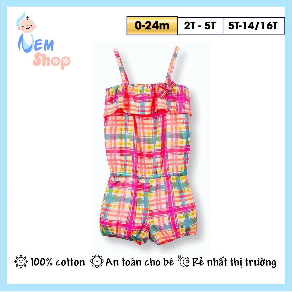 Bộ áo liền quần bé trai bé gái, Jumpsuit 2 dây thô kẻ thoáng mát năng động cho bé gái, romper, body đùi