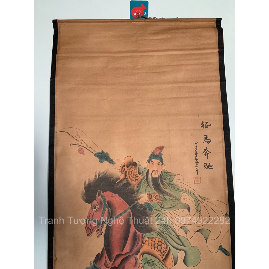 Tranh giả cổ CHINH MÃ BÔN TRÌ, Tranh giấy xuyến chỉ viền bo lụa size lớn 155 x 74cm