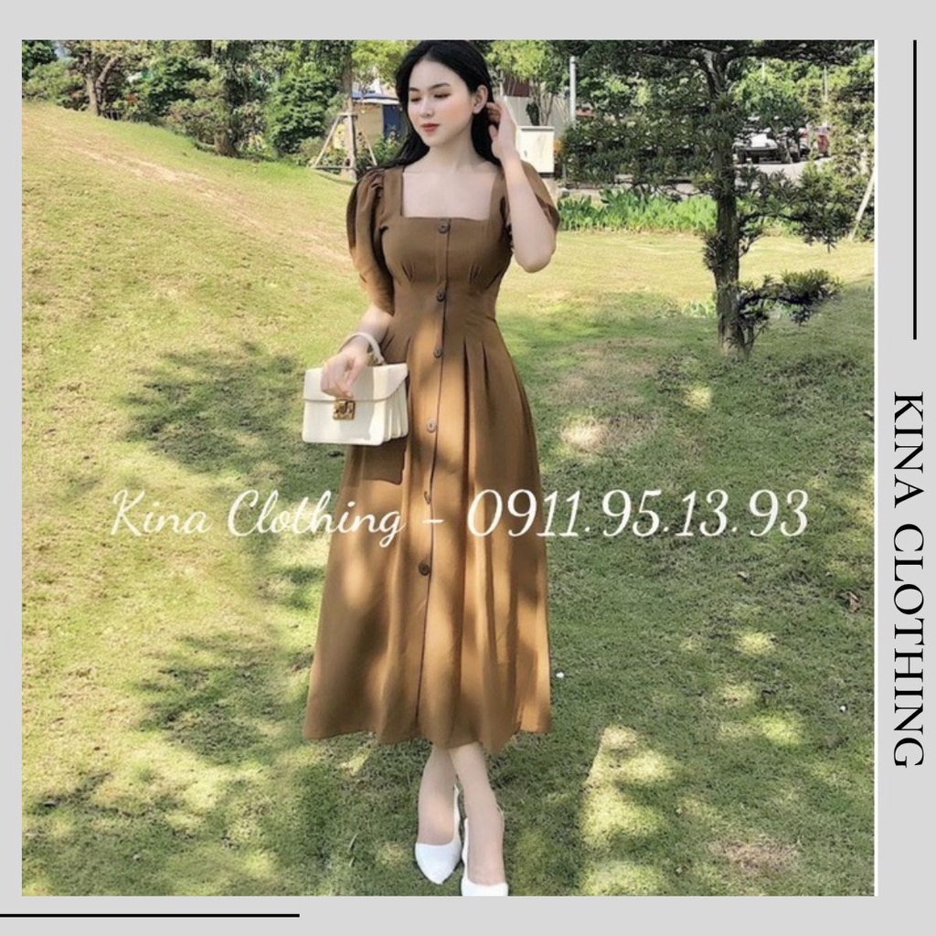 Váy thiết kế cổ vuông tay bồng chất đũi dáng dài 2 màu  D42