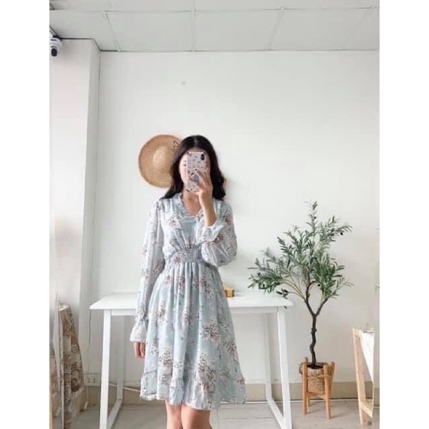 Váy hoa nhí Vintage đuôi cá dài tay có chun eo