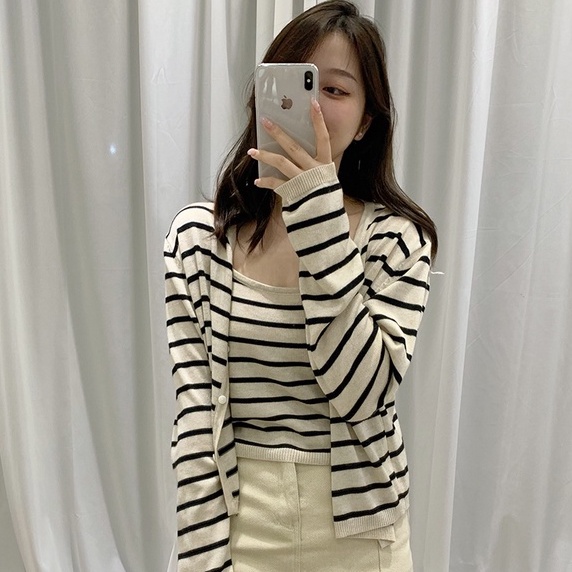 Set áo cardigan và áo hai dây ZHELIHANGFEI dệt kim kẻ sọc phong cách retro