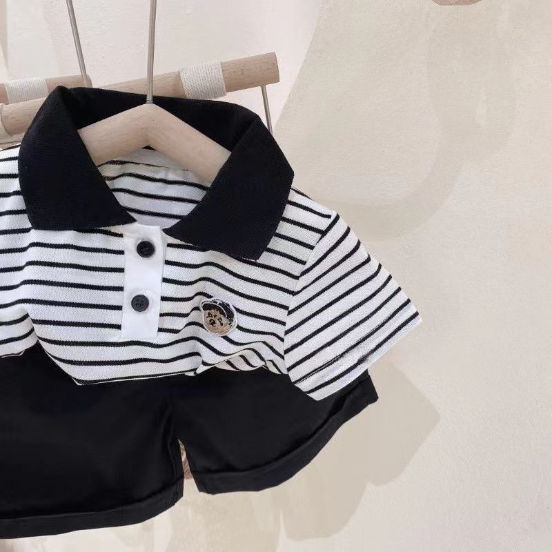 Set Áo Thun polo Tay Ngắn Kẻ Sọc + Quần Short Thời Trang Mùa Hè Cho Bé Trai Và Gái