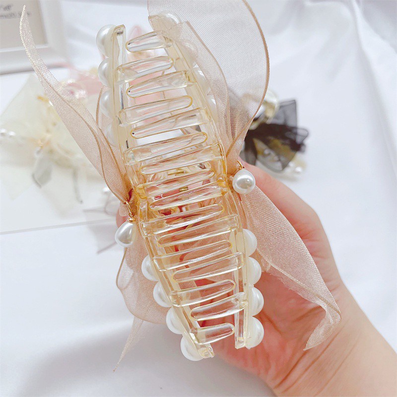 Kẹp tóc vải thắt nơ lưng đính ngọc trai phong cách hàn quốc cho nữ