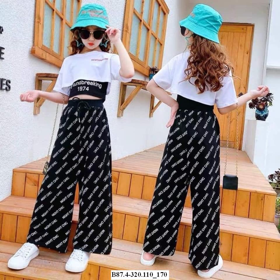 Set 3 món áo croptop quần ống rộng thời trang bé gái