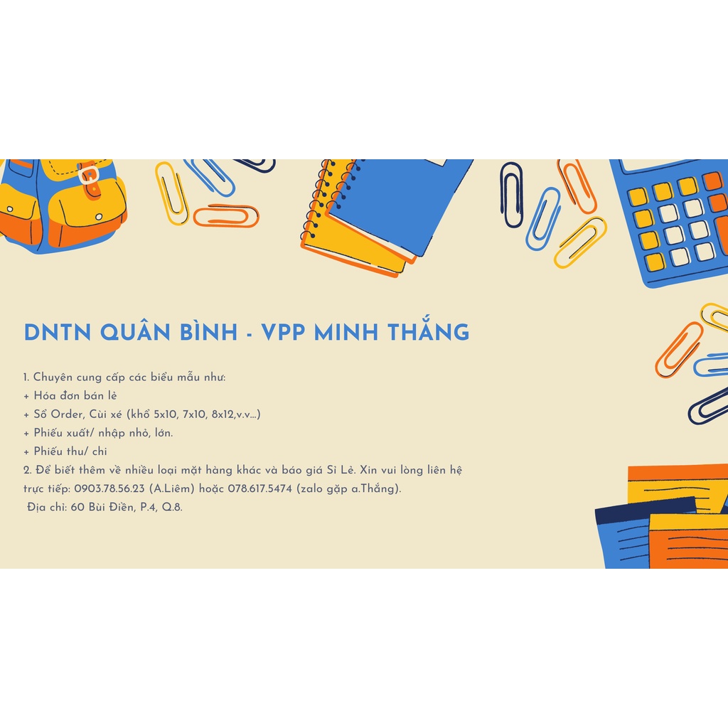 Combo 20, 50 Cuốn Sổ Order 2 Liên 100 tờ 7x10, 8x12, 9x11