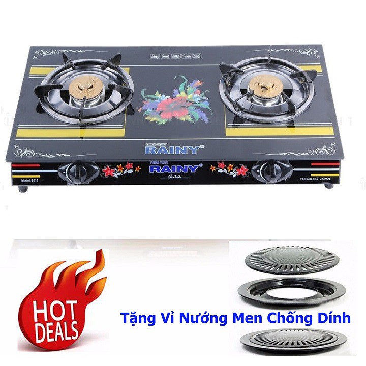 Bếp Gas Đôi Chén Nhôm RAINY hoa văn màu sắc ngẫu nhiên + tặng vĩ nướng chống dính