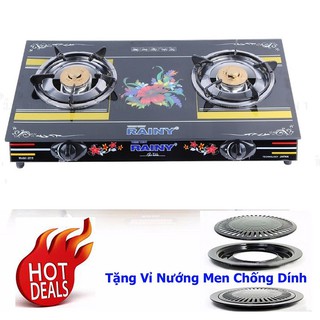 Bếp Gas Đôi Chén Nhôm RAINY hoa văn màu sắc ngẫu nhiên + tặng vĩ nướng chống dính