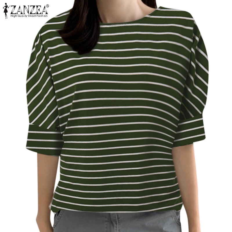 Áo thun ZANZEA tay lửng 3/4 họa tiết sọc ngang thời trang cho nữ