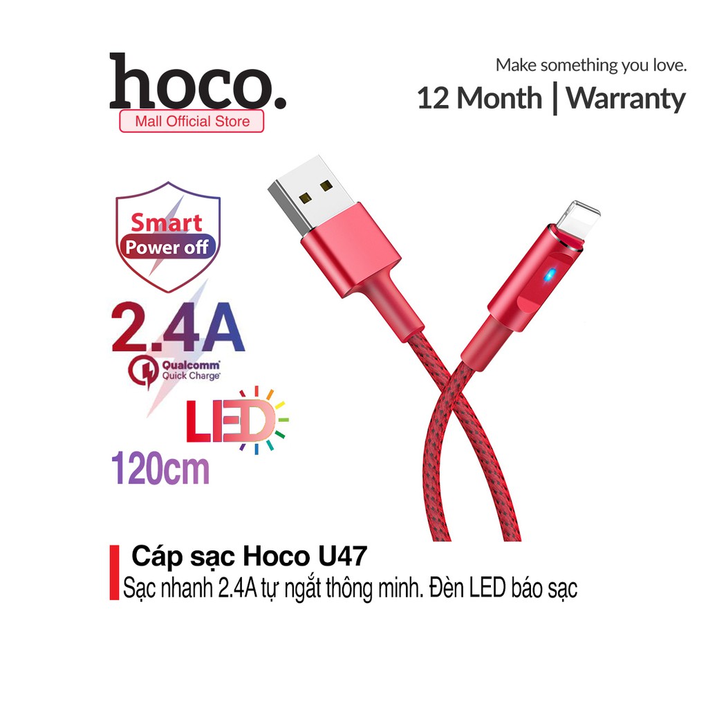 Cáp sạc Lightning Hoco U47 cho iPhone XS max, iPhone 11, iPhone 11 Pro Max (Hỗ trợ sạc nhanh 2.4A Max tự ngắt )