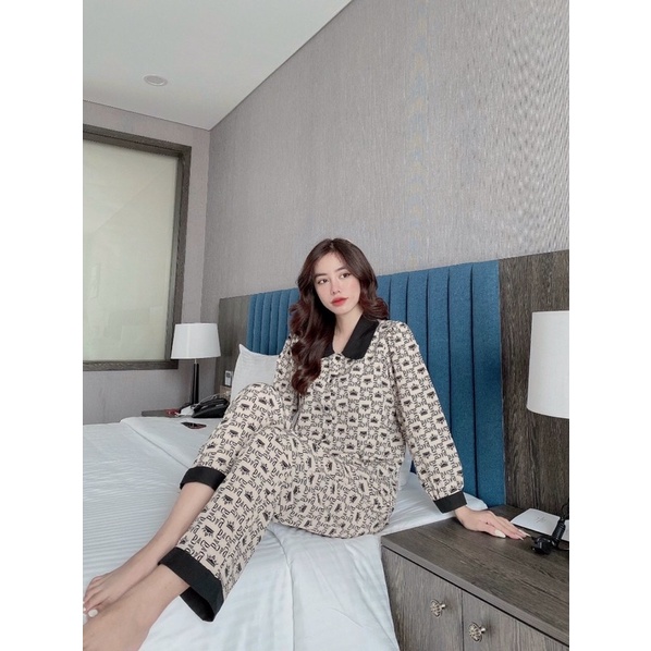 Đồ bộ pijama lụa cổ sen tay dài quần dài mặc nhà mát