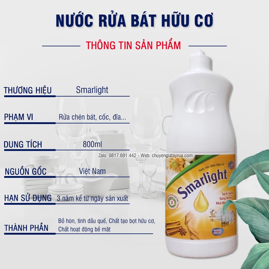 Nước Rửa Bát Hữu Cơ Chai Lớn Tiết Kiệm, Hương Quế Đậm Đặc, An Toàn, Bảo Vệ Da Tay Smarlight 800ml