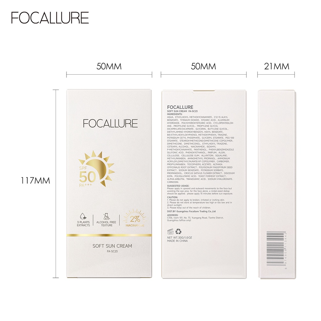 Focallure #Kem Chống Nắng 4 Trong 1 SPF 50 PA+++ 2% Niacinamide 100% Chứa Cồn 0% Không Chứa Axit Hyaluronic
