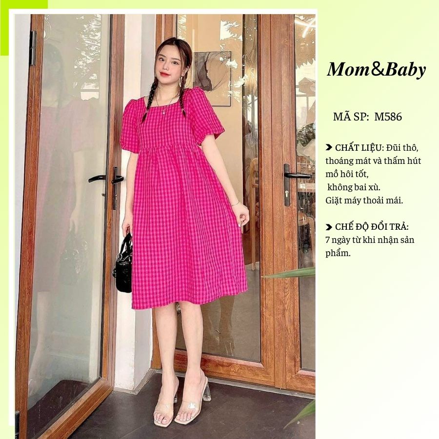 Đầm Bầu Váy Bầu Kẻ Caro Cổ Vuông Công Sở Xinh Xắn Có Dây Lưng Thiết Kế Đẹp M586 Mom and Baby