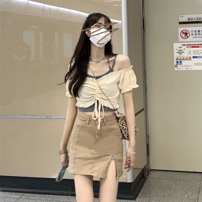 Set áo croptop rút dây và chân váy ngắn xẻ tà ulzzang Hàn Quốc