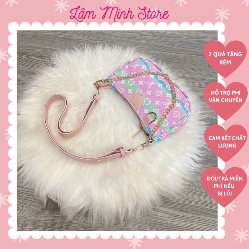 Túi Kẹp Nách Nữ ❤️XẢ KHO BÁN LỖ❤️ Túi Đeo Chéo, Đeo Vai Cầu Vồng Quai Xích Phối Ngọc LM 507