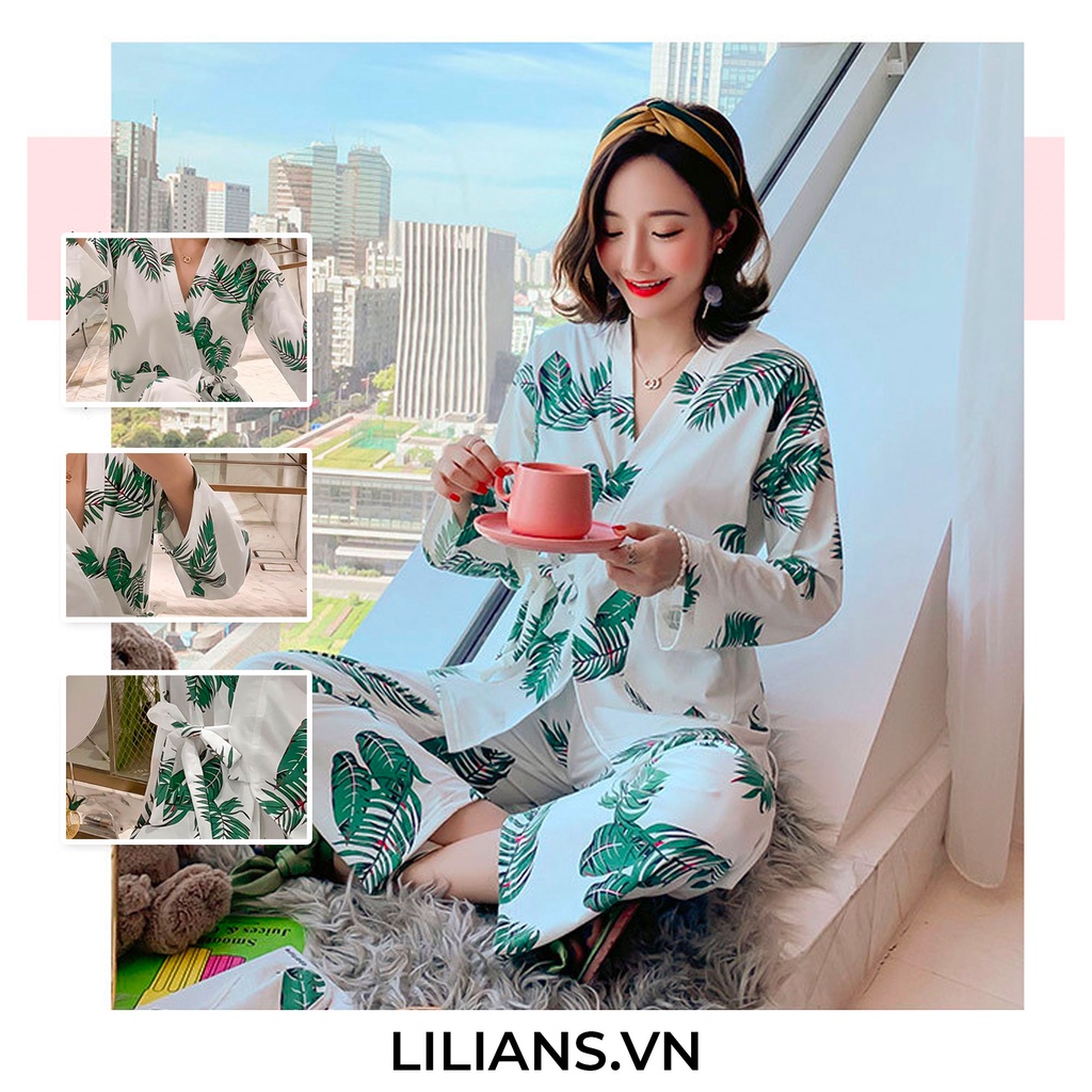 Bộ ngủ Pijama Kimono dài tay hoạ tiết hoa lá dễ thương chất mềm mịn mặc thoáng mát dành cho nữ