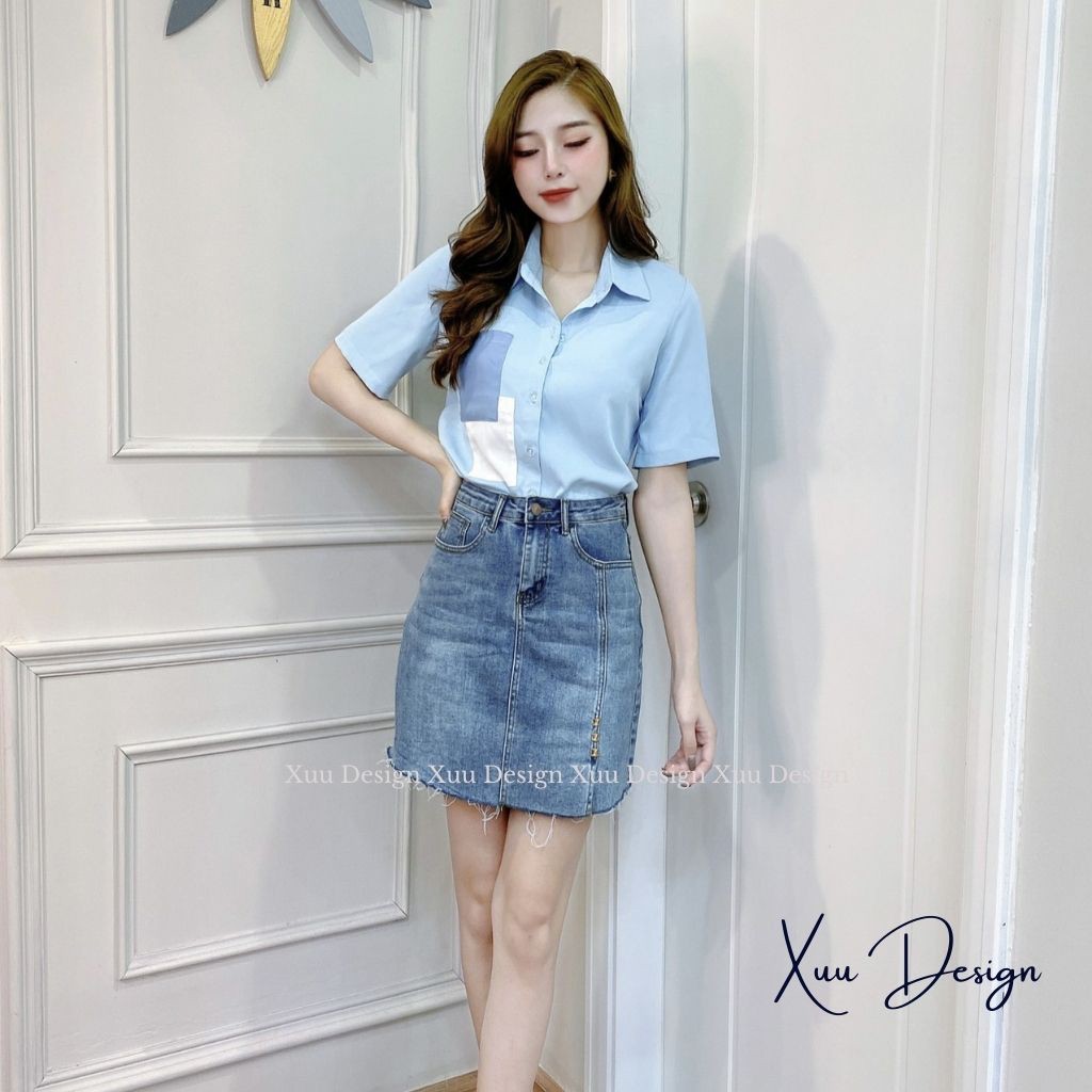 Áo sơ mi cộc tay nữ 💖Xuu Design💖 Áo kiểu nữ ngắn tay túi điệu trước ngực chất vải mềm ít nhăn SK05 xanh