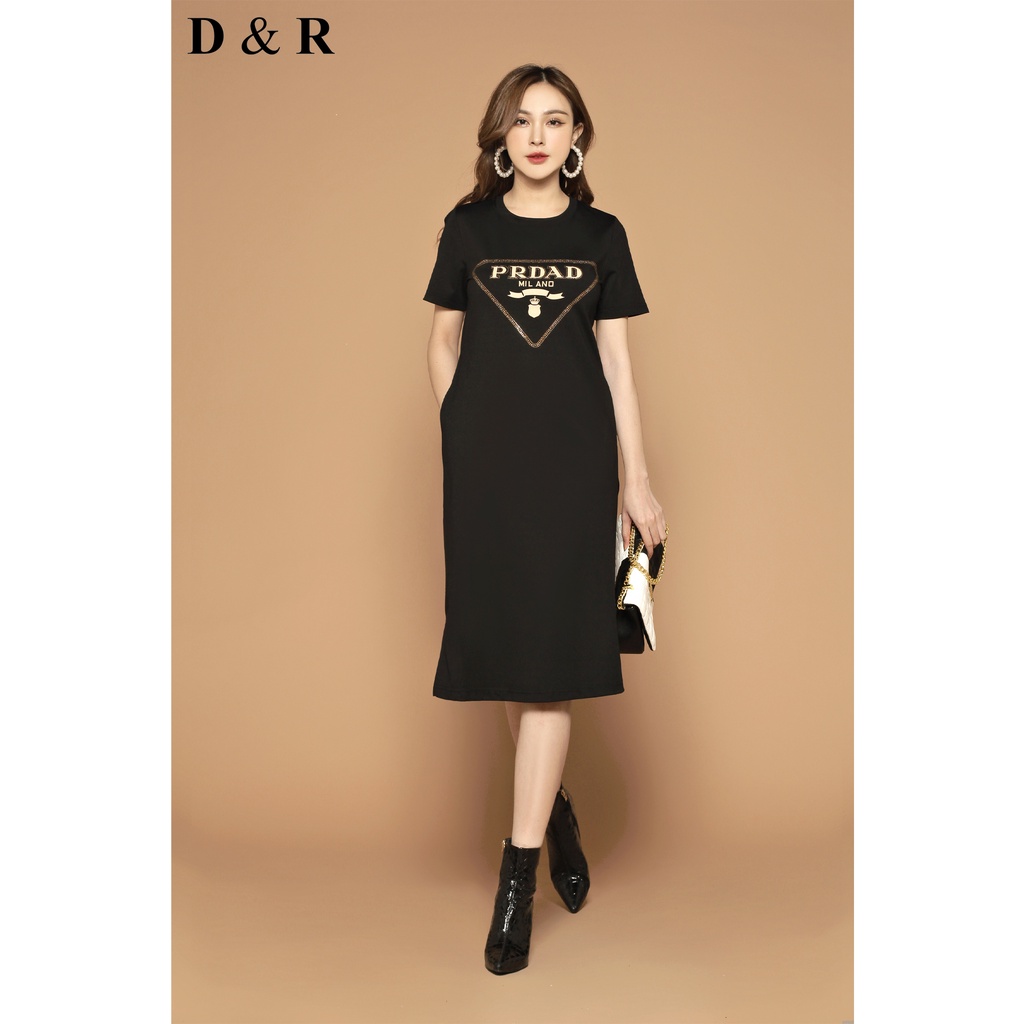 Đầm thun suông bigsize dáng dài họa tiết đính đá Quảng Châu cao cấp váy đi chơi dạo phố D&R Fashion D148