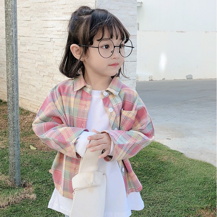 Áo sơ mi kẻ ô dài tay màu cầu vồng dễ thương cho bé gái