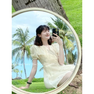 Đầm tơ cổ V bèo vai [STORY] D1001 (ảnh thật) (Freesize ạ)