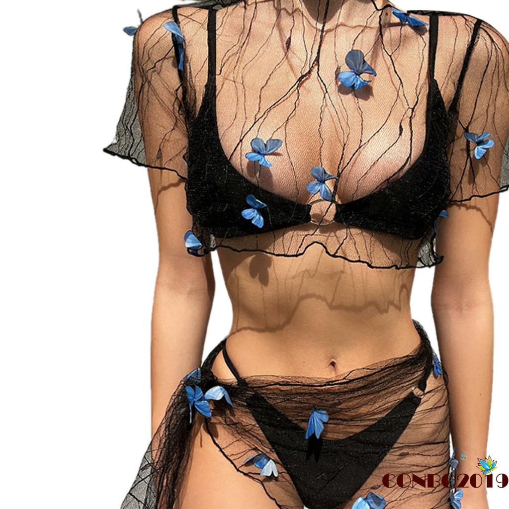Bộ Đồ Bơi Bikini Áo Croptop Tay Ngắn Phối Chân Váy Lưới Ba Chiều Trang Trí Hình Bướm Dành Cho Bạn Nữ