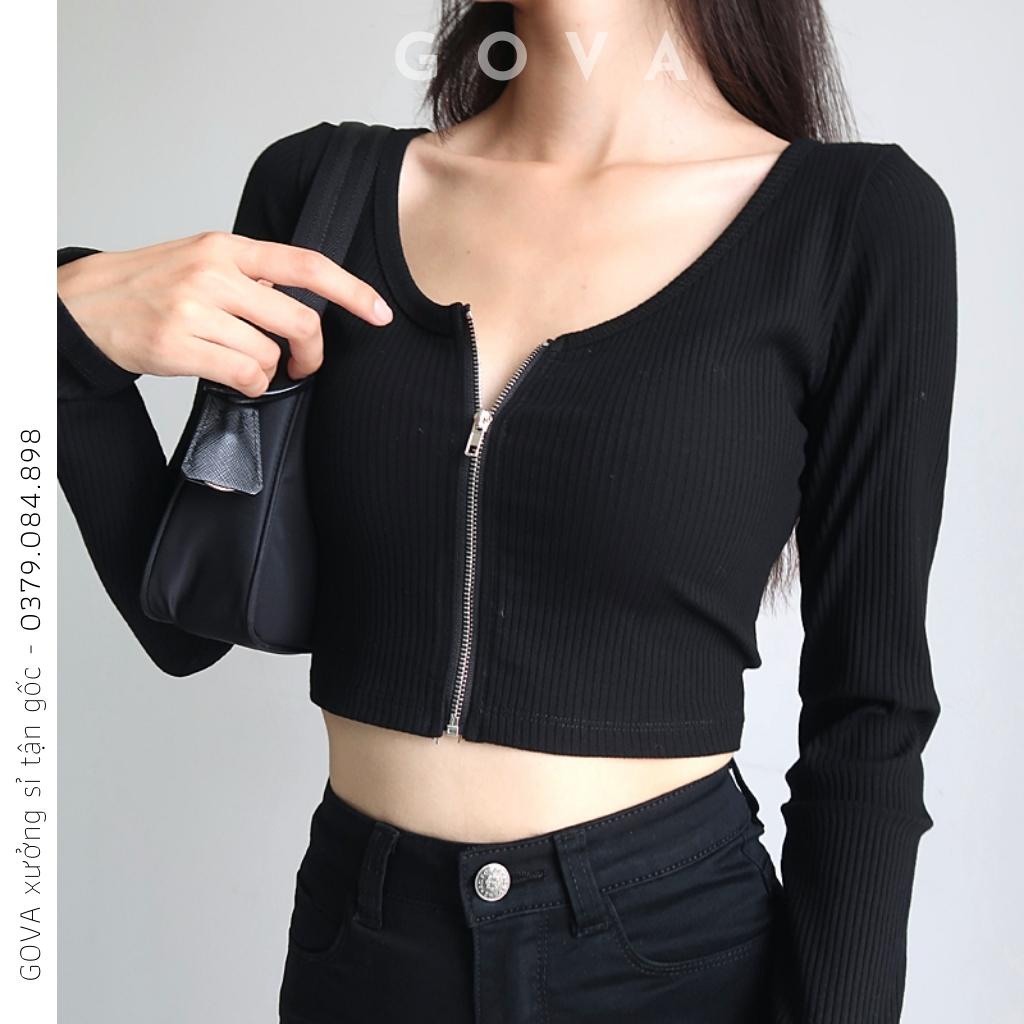 Áo croptop tay dài DÂY KÉO NGỰC thun gân Ulzzang, Áo thun nữ dài tay chất vải tốt mặc đẹp Satiny DB64