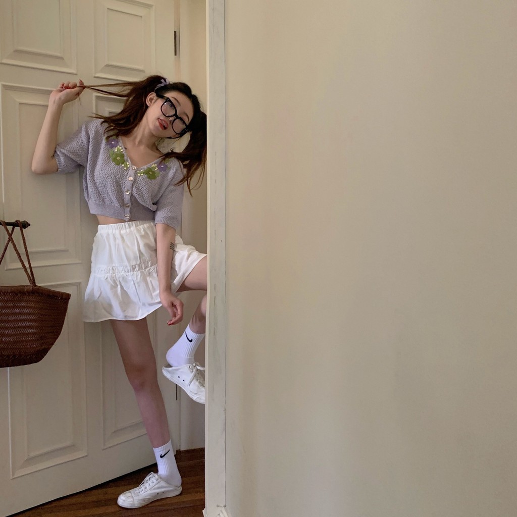 Xiaozhainv Áo Cardigan Xiaozhainv Dệt Kim Tay Ngắn 2 Màu Sắc Tùy Chọn Phong Cách Hàn Quốc Thời Trang