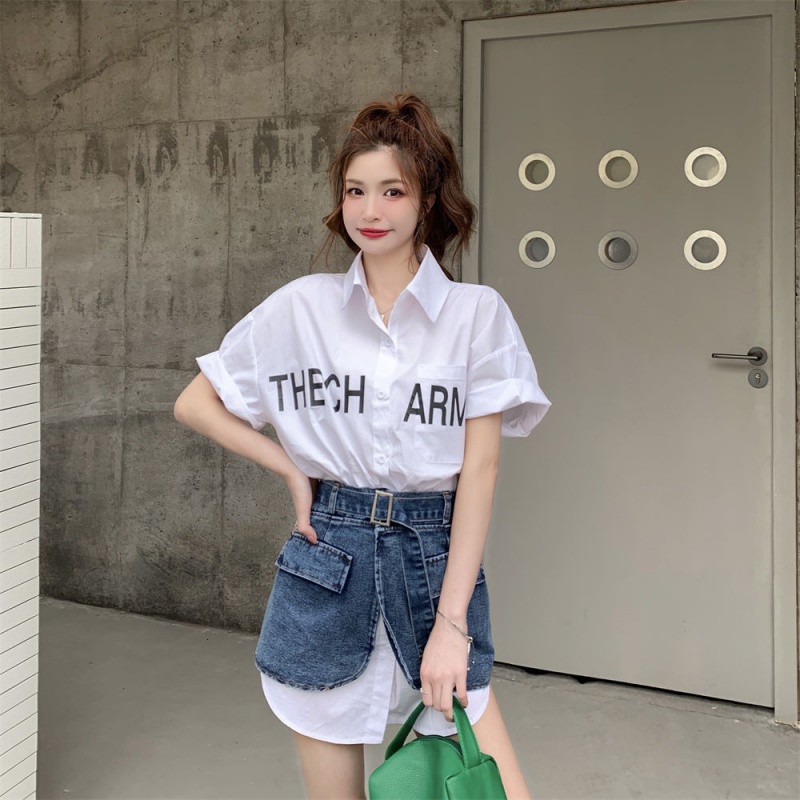 Set váy chân váy jean Set Áo Sơ Mi Dáng Rộng In Chữ + Chân Váy Denim Thời Trang Mùa Hè 2022 Dành Cho Nữ
