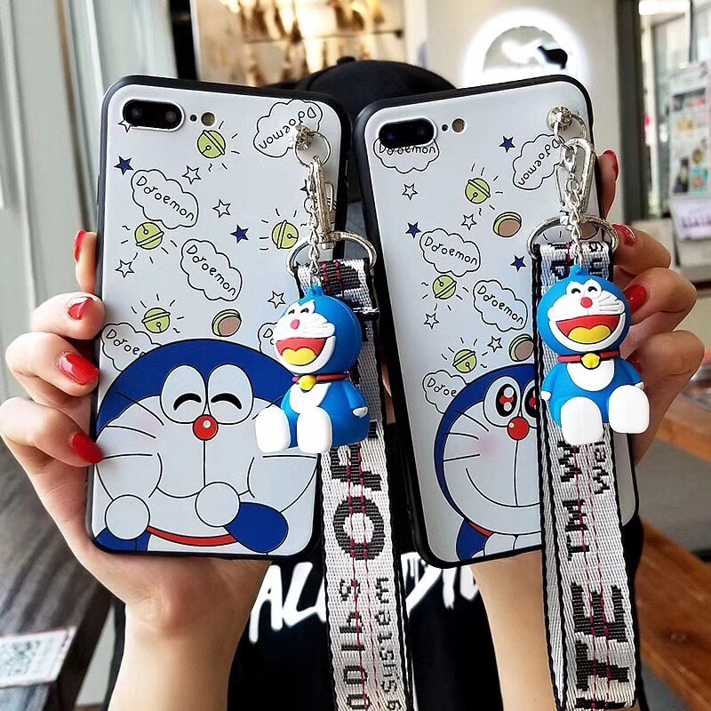 Ốp lưng  iPhone hình Doraemon có dây móc tay cho 6 6S 7 8 Plus X