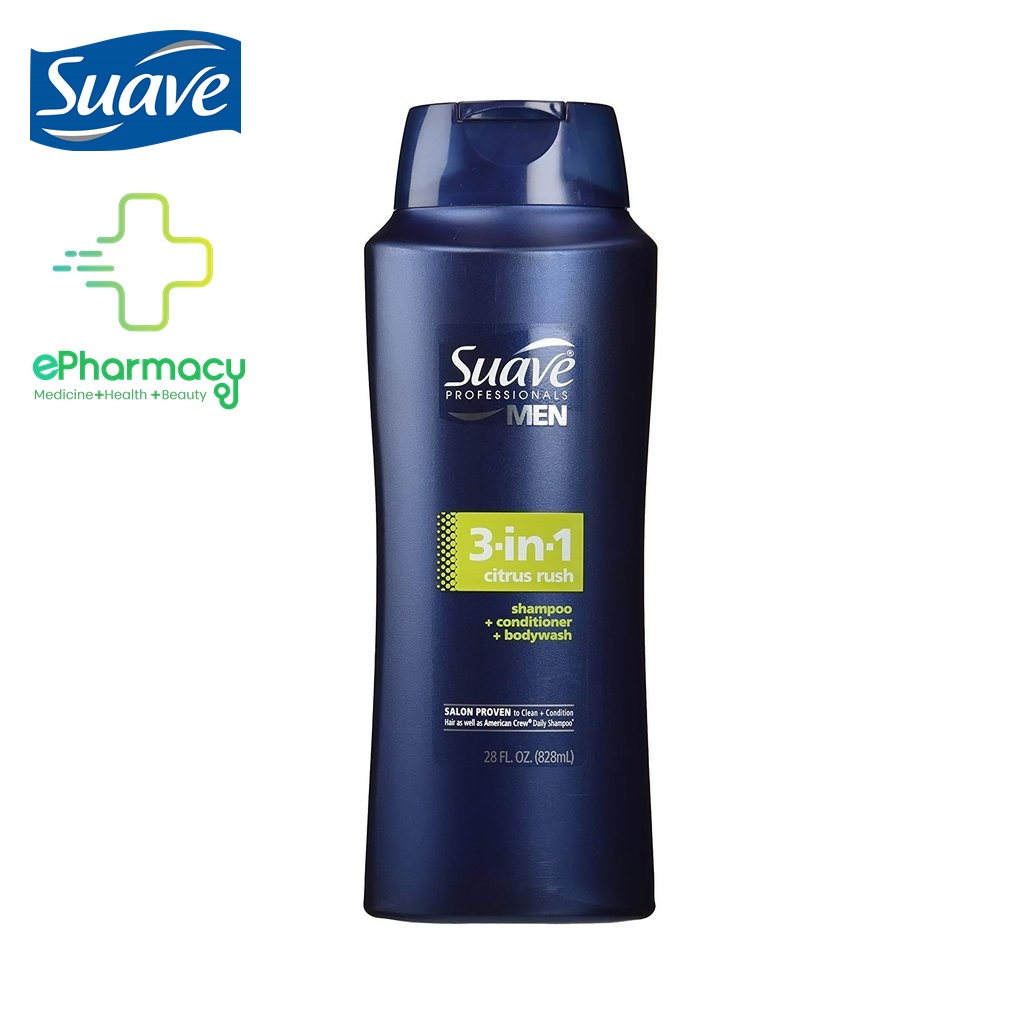 SUAVE MEN Dầu Gội Xả Tắm Nam Citrus Rush 3-in-1 Shampoo, Conditioner, Body Wash hương chanh 828ML