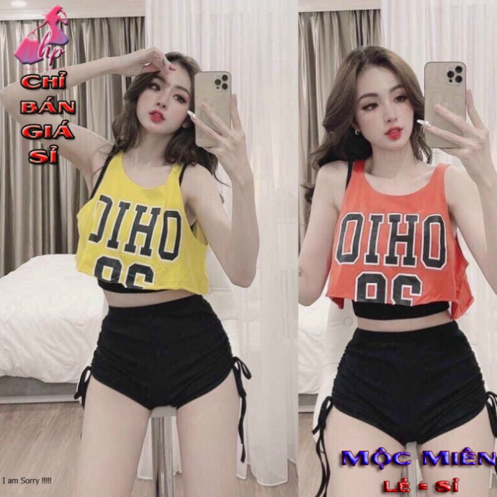 Set đồ nữ 3 món thể thao áo croptop ba lỗ sát nách phom rộng kèm áo 2 dây ôm body + quần cộc rút eo 2 bên mẫu mới sang c