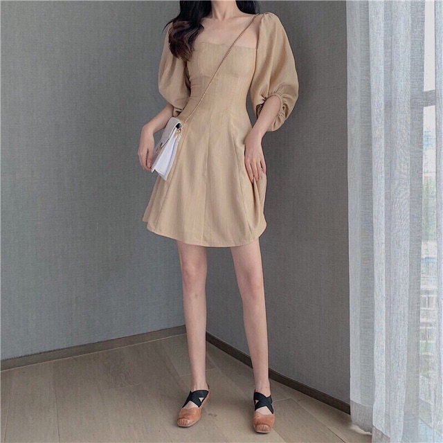 [Mã FATHANG5 giảm 10K đơn 50K]  ĐẦM NUDE CỔ VUÔNG TAY BỒNG | BigBuy360 - bigbuy360.vn