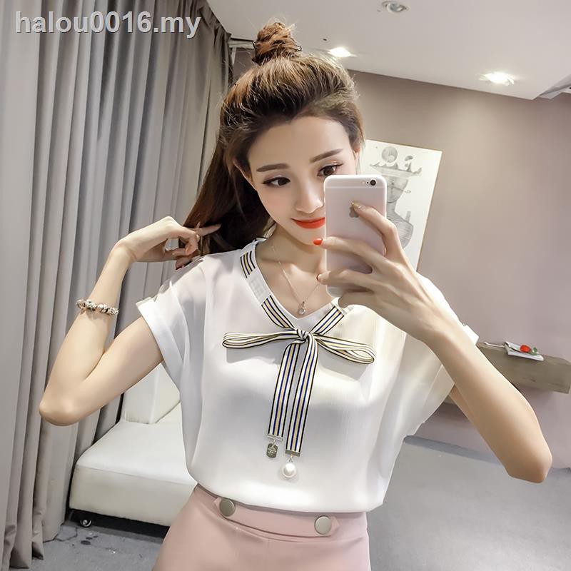 Áo Sơ Mi Voan Tay Ngắn Cổ Chữ V Thắt Nơ Xinh Xắn Hợp Thời Trang Hè Phong Cách Hàn Quốc Cho Nữ Size S-3Xl