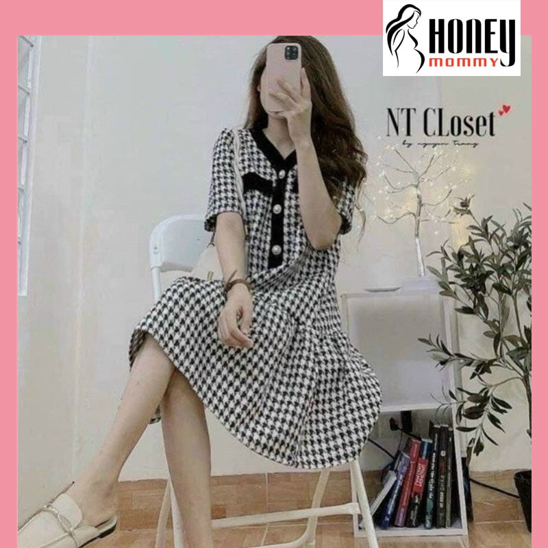 Đầm Bầu Váy Bầu Công Sở Mùa Hè Lịch Sự Xinh Xắn Dáng Suông Họa Tiết Kẻ Zigzag Đi Làm Đi Chơi HD2869 Honey Mommy