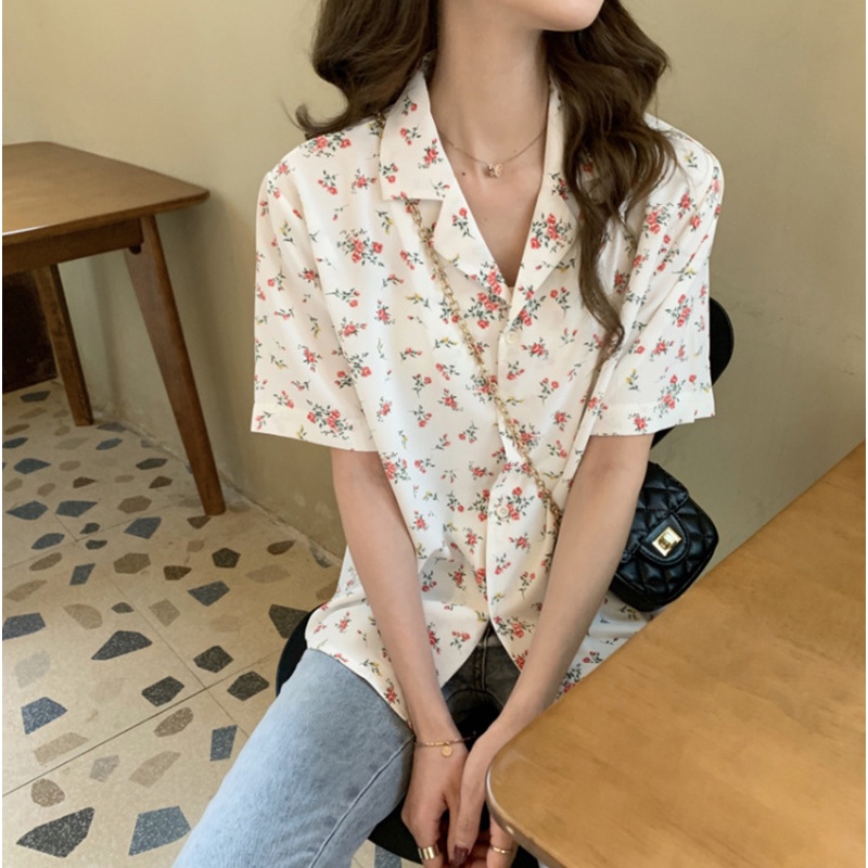 Áo sơ mi chiffon IELGY tay ngắn dáng ôm in họa tiết phong cách mùa hè thời trang cho nữ