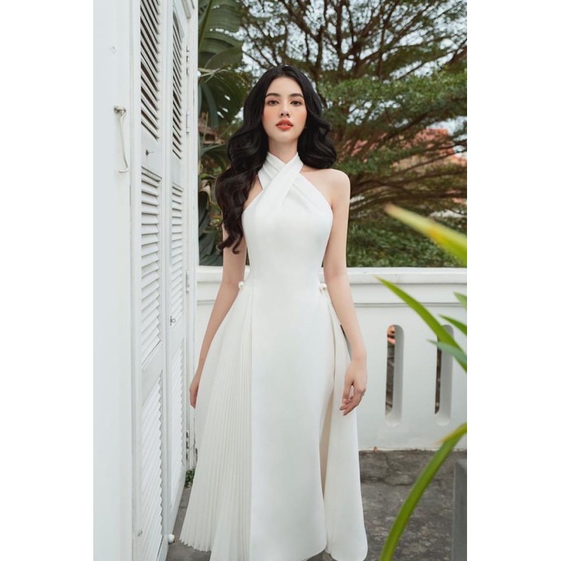 Đầm đi tiệc cổ yếm phối tà dập ly cánh quạt màu trắng đủ size