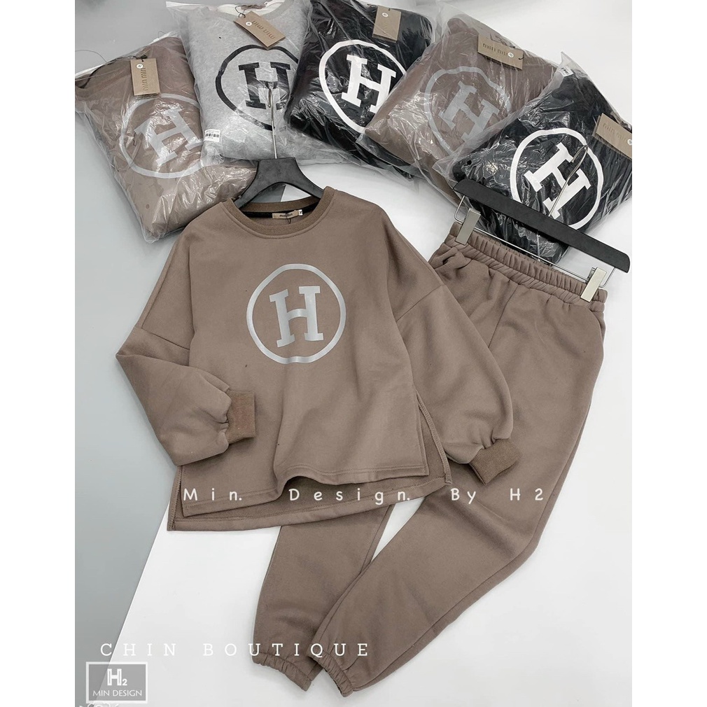 Set bộ 2 món quần dài ống thun kèm áo thun tay dài form rộng tà dài xẻ, chất liệu nỉ