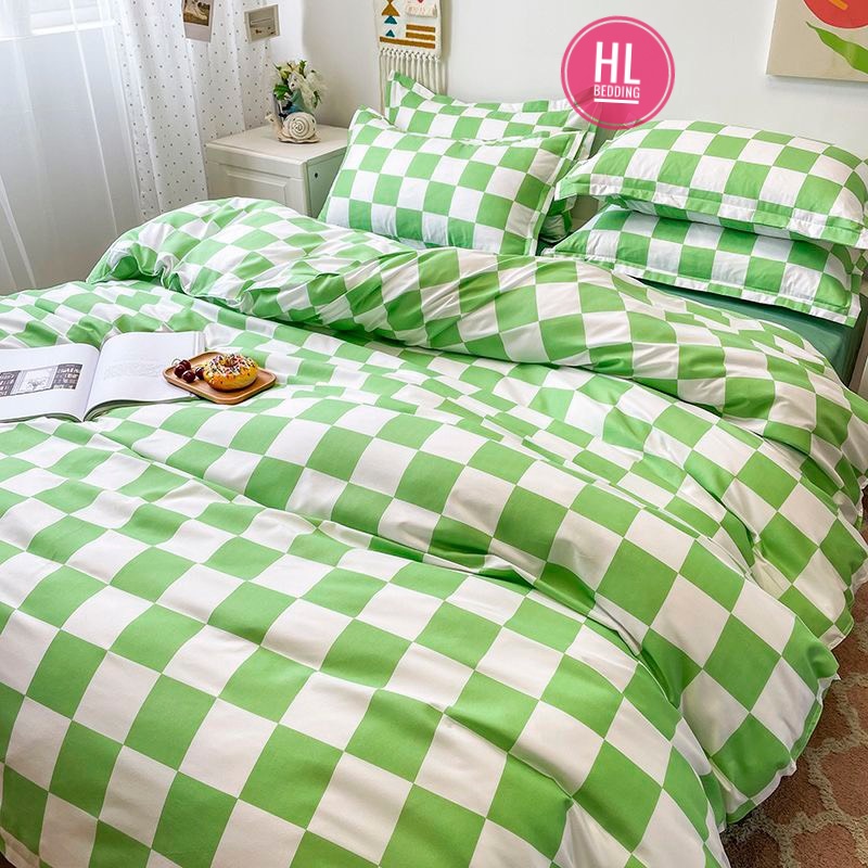 Bộ chăn ga Cotton Poly HL bedding chăn ga Hàn Quốc Bàn cờ vua caro ô vuông xanh lá trắng đủ size miễn phí bo chun
