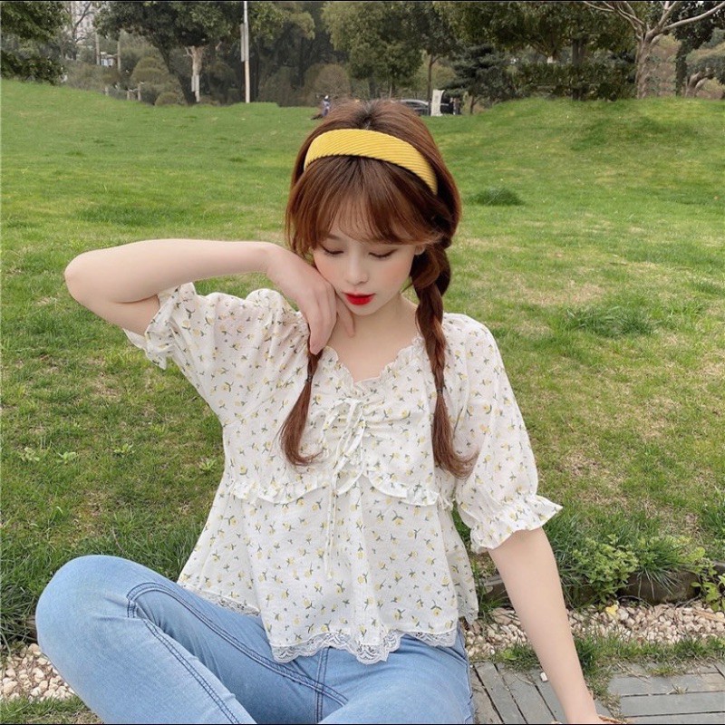 Áo thô cổ viền ren nơ ngực siêu xinh Ulzzang style  AK1919 Hàng quảng Châu